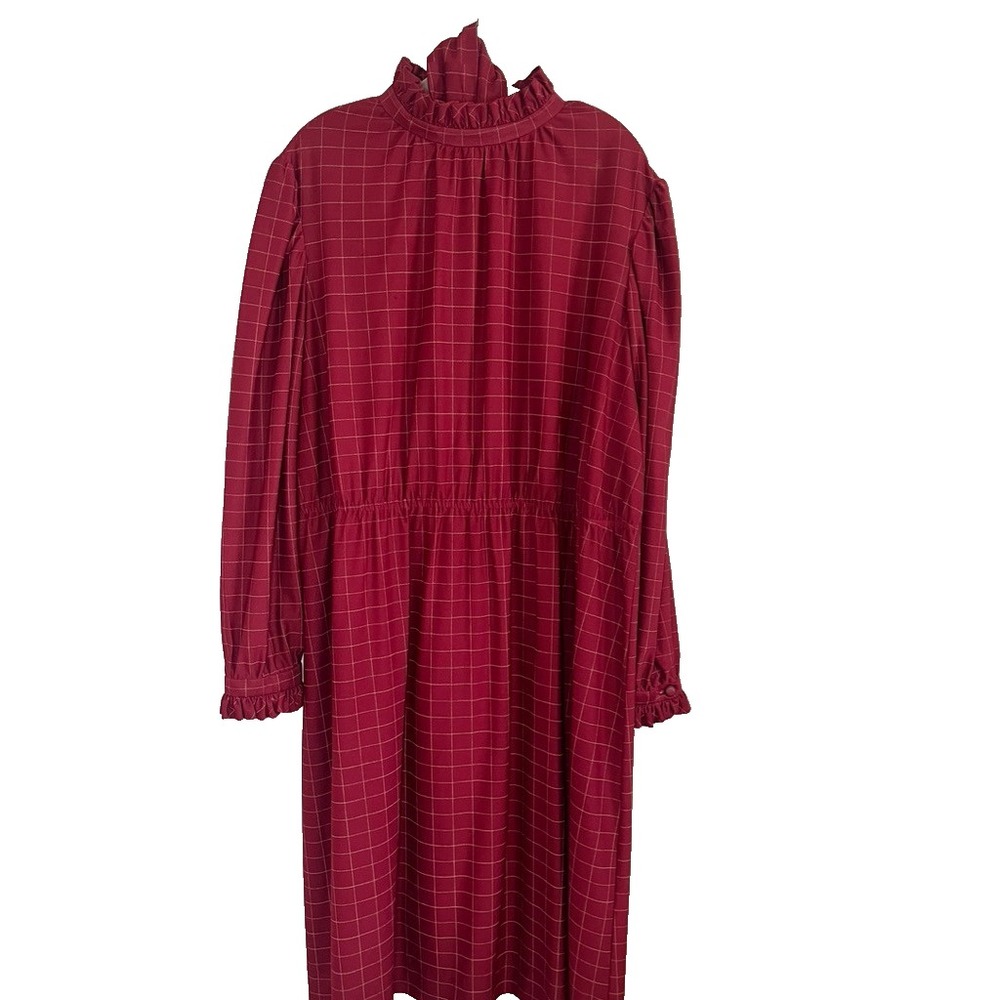 Vintage Handmade Houndstooth Ruffle Neck Dress Red 22 Festive Holiday Preppy Mod